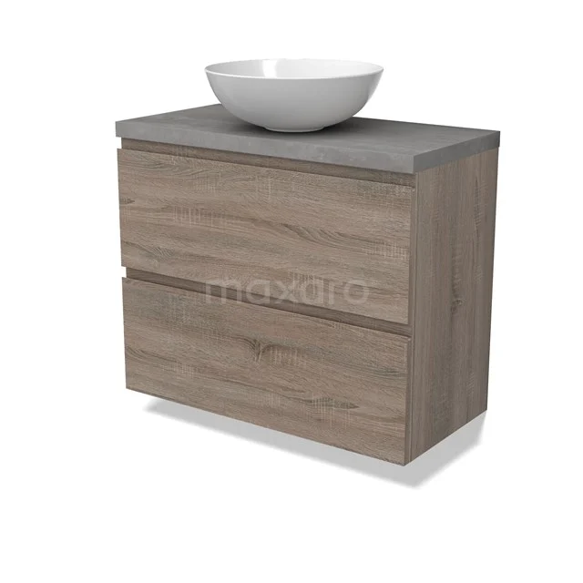 Modulo Plato Slim Badmöbel mit Aufsatzwaschbecken | 80 cm Eiche Grifflos front Hellgrauer Beton blatt 2 übereinanderliegende Schubladen BMK37-02491
