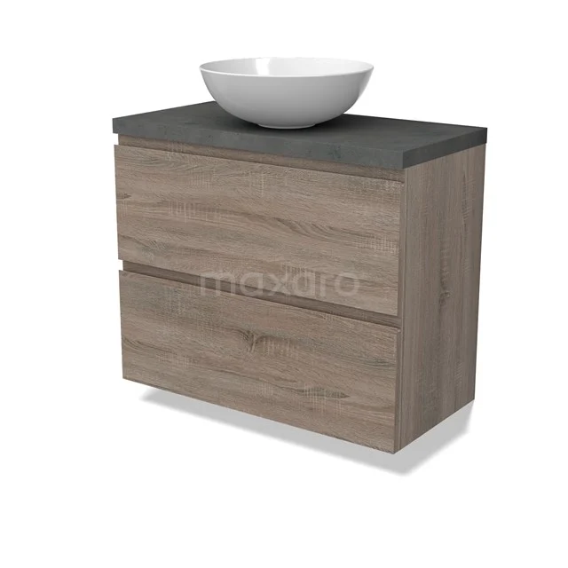 Modulo Plato Slim Vanity units for countertop basin | 80 cm Oak Handle-less front Dark grey concrete worktop 2 Stacked drawers BMK37-02492