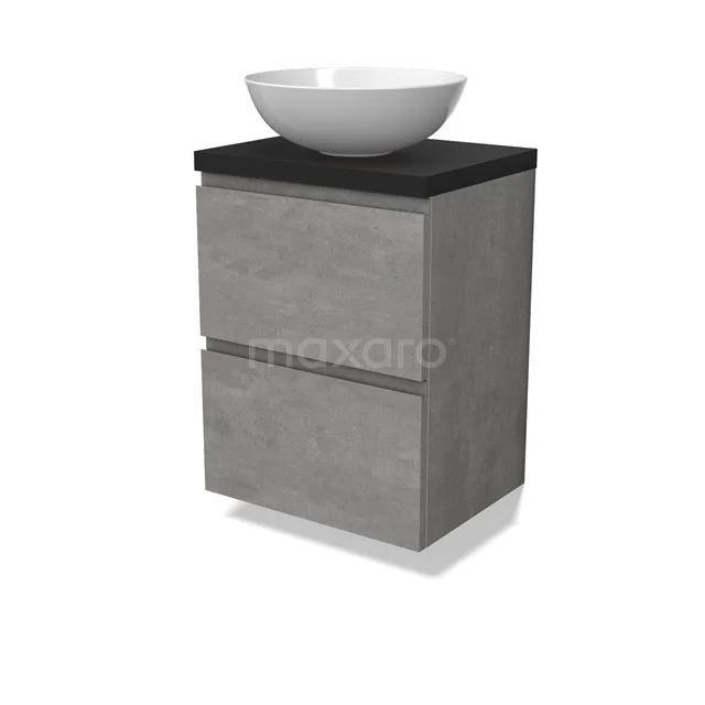 Modulo Plato Slim Vanity units for countertop basin | 50 cm Light grey concrete Handle-less front Matte black worktop 2 Stacked drawers BMK37-02521