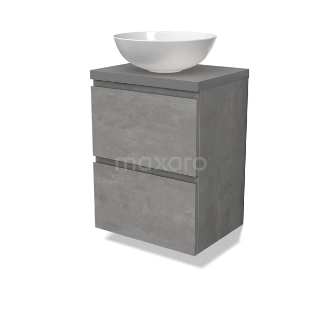 Modulo Plato Slim Badmöbel mit Aufsatzwaschbecken | 50 cm Hellgrauer Beton Grifflos front Mittelgrau blatt 2 übereinanderliegende Schubladen BMK37-02522