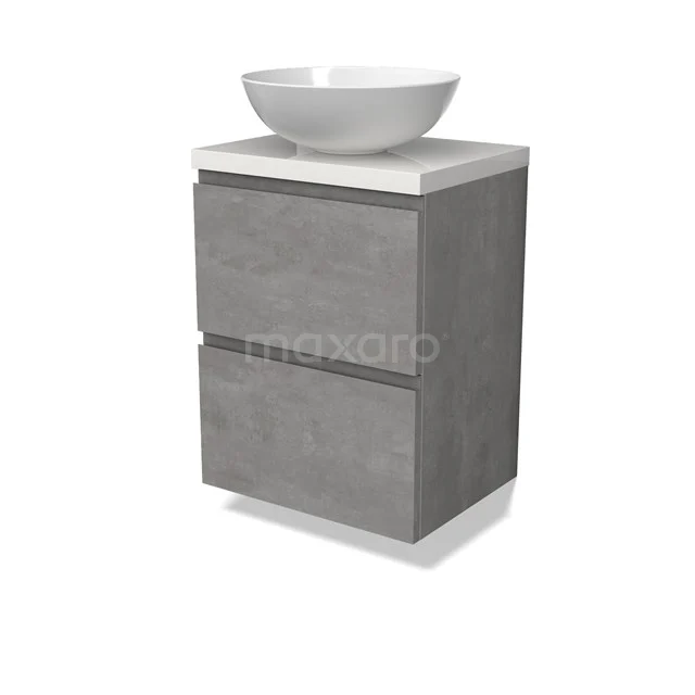 Modulo Plato Slim Badmöbel mit Aufsatzwaschbecken | 50 cm Hellgrauer Beton Grifflos front Hochglanz Weiß blatt 2 übereinanderliegende Schubladen BMK37-02523