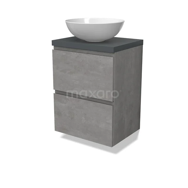 Modulo Plato Slim Badmöbel mit Aufsatzwaschbecken | 50 cm Hellgrauer Beton Grifflos front Dunkelgrau blatt 2 übereinanderliegende Schubladen BMK37-02525