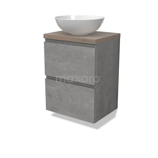 Modulo Plato Slim Badmöbel mit Aufsatzwaschbecken | 50 cm Hellgrauer Beton Grifflos front Eiche blatt 2 übereinanderliegende Schubladen BMK37-02527