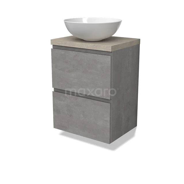 Modulo Plato Slim Badmöbel mit Aufsatzwaschbecken | 50 cm Hellgrauer Beton Grifflos front Hellgraue Eiche blatt 2 übereinanderliegende Schubladen BMK37-02528