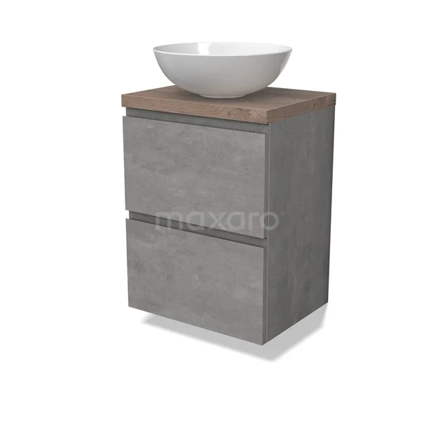 Modulo Plato Slim Badmöbel mit Aufsatzwaschbecken | 50 cm Hellgrauer Beton Grifflos front Mittelbraune Eiche blatt 2 übereinanderliegende Schubladen BMK37-02530