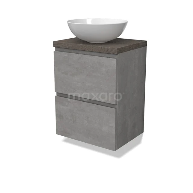 Modulo Plato Slim Badmöbel mit Aufsatzwaschbecken | 50 cm Hellgrauer Beton Grifflos front Dunkelbraune Eiche blatt 2 übereinanderliegende Schubladen BMK37-02531