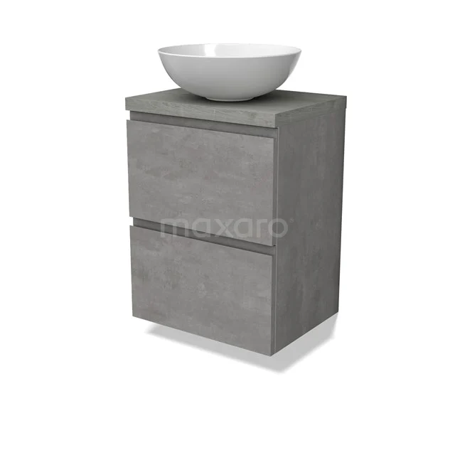 Modulo Plato Slim Badmöbel mit Aufsatzwaschbecken | 50 cm Hellgrauer Beton Grifflos front Graue Eiche blatt 2 übereinanderliegende Schubladen BMK37-02532