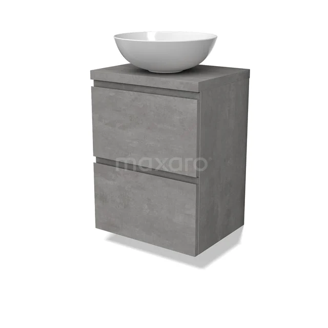 Modulo Plato Slim Badmöbel mit Aufsatzwaschbecken | 50 cm Hellgrauer Beton Grifflos front Hellgrauer Beton blatt 2 übereinanderliegende Schubladen BMK37-02533