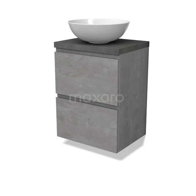 Modulo Plato Slim Badmöbel mit Aufsatzwaschbecken | 50 cm Hellgrauer Beton Grifflos front Dunkelgrauer Beton blatt 2 übereinanderliegende Schubladen BMK37-02534