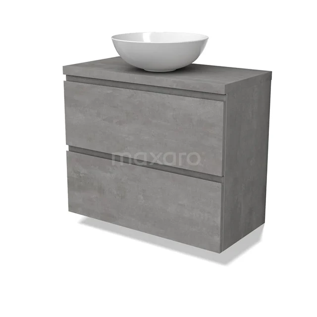 Modulo Plato Slim Badmöbel mit Aufsatzwaschbecken | 80 cm Hellgrauer Beton Grifflos front Hellgrauer Beton blatt 2 übereinanderliegende Schubladen BMK37-02561