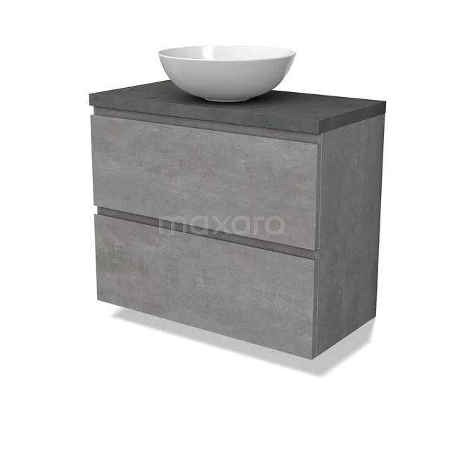 Modulo Plato Slim Badmöbel mit Aufsatzwaschbecken | 80 cm Hellgrauer Beton Grifflos front Dunkelgrauer Beton blatt 2 übereinanderliegende Schubladen BMK37-02562