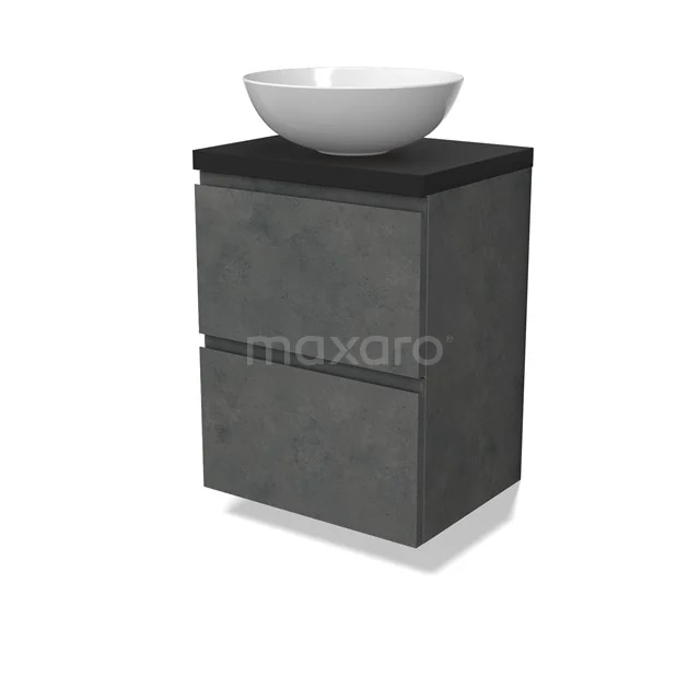 Modulo Plato Slim Vanity units for countertop basin | 50 cm Dark grey concrete Handle-less front Matte black worktop 2 Stacked drawers BMK37-02591