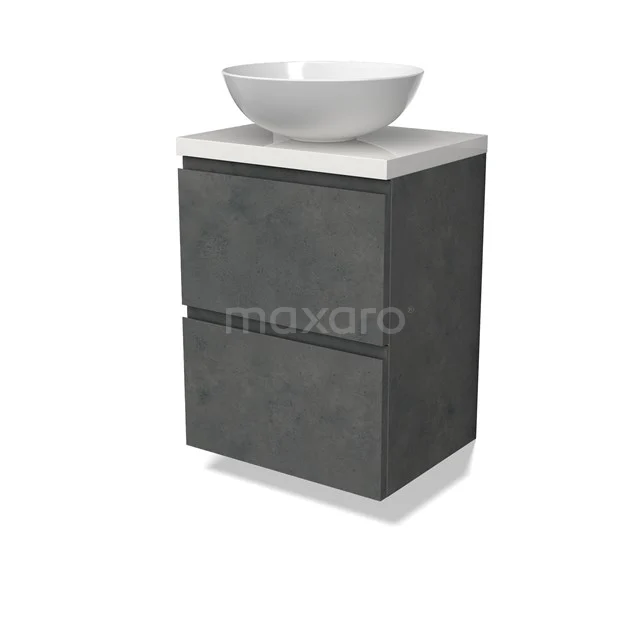 Modulo Plato Slim Vanity units for countertop basin | 50 cm Dark grey concrete Handle-less front High-gloss white worktop 2 Stacked drawers BMK37-02593