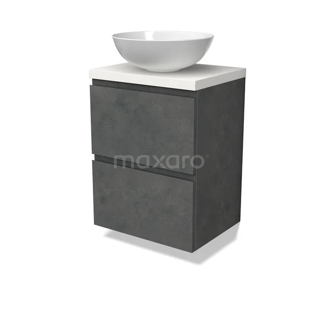 Modulo Plato Slim Badmöbel mit Aufsatzwaschbecken | 50 cm Dunkelgrauer Beton Grifflos front Matt Weiß blatt 2 übereinanderliegende Schubladen BMK37-02594