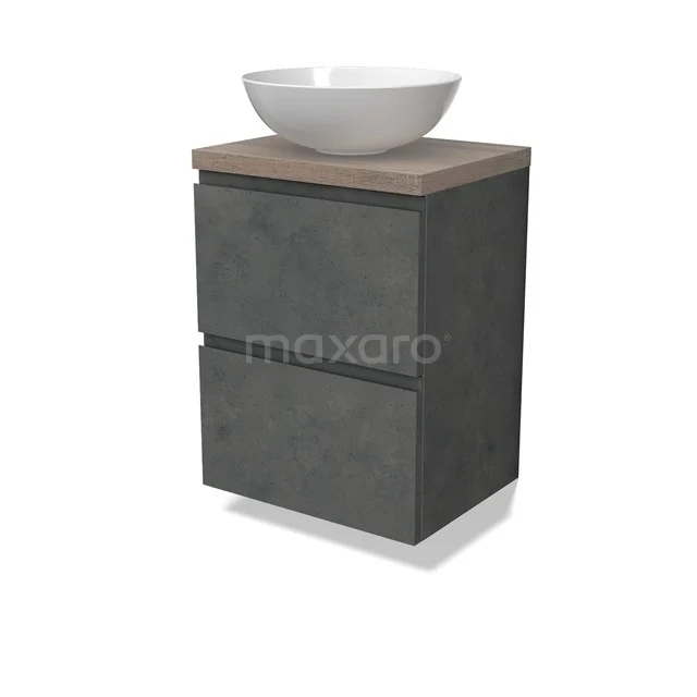 Modulo Plato Slim Badmöbel mit Aufsatzwaschbecken | 50 cm Dunkelgrauer Beton Grifflos front Eiche blatt 2 übereinanderliegende Schubladen BMK37-02597