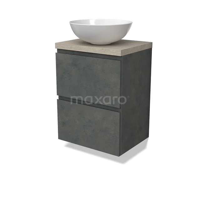 Modulo Plato Slim Vanity units for countertop basin | 50 cm Dark grey concrete Handle-less front Light grey oak worktop 2 Stacked drawers BMK37-02598