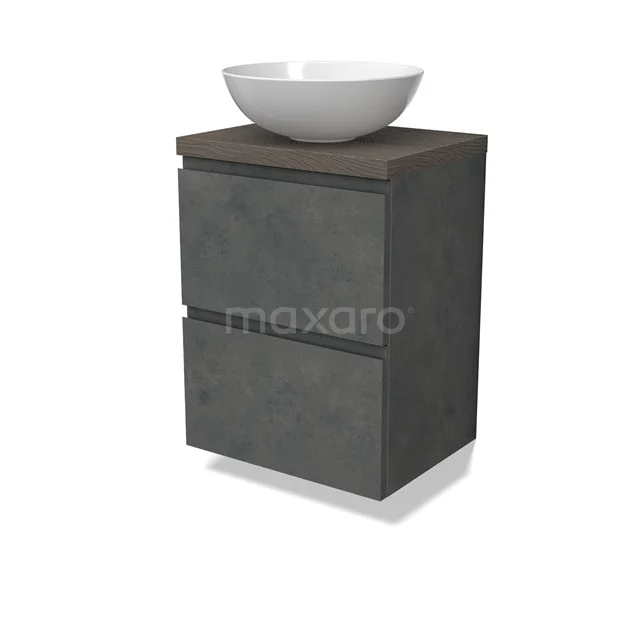 Modulo Plato Slim Vanity units for countertop basin | 50 cm Dark grey concrete Handle-less front Dark brown oak worktop 2 Stacked drawers BMK37-02601