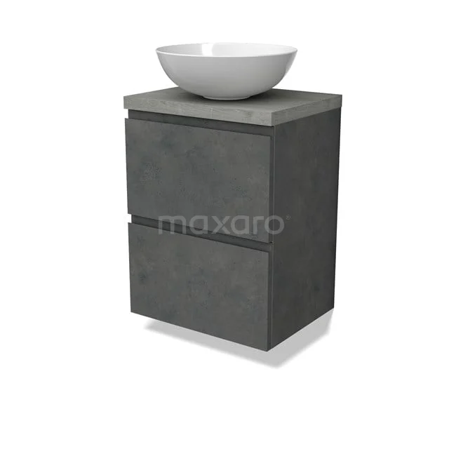 Modulo Plato Slim Badmöbel mit Aufsatzwaschbecken | 50 cm Dunkelgrauer Beton Grifflos front Graue Eiche blatt 2 übereinanderliegende Schubladen BMK37-02602