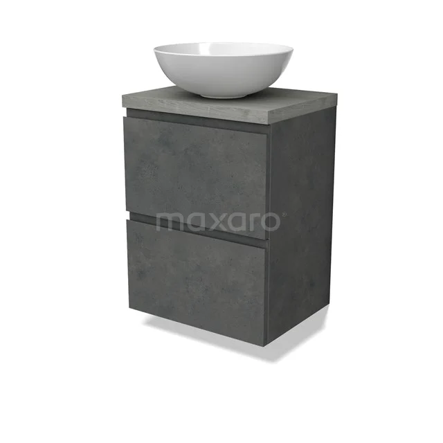 Modulo Plato Slim Vanity units for countertop basin | 50 cm Dark grey concrete Handle-less front Grey oak worktop 2 Stacked drawers BMK37-02602
