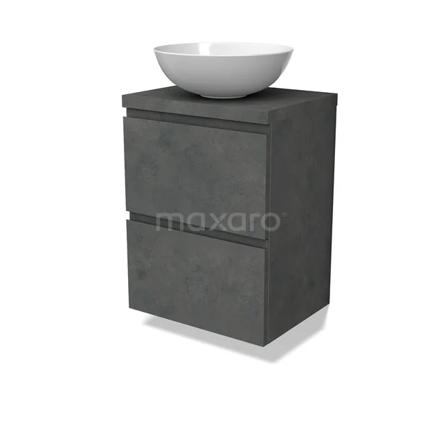 Modulo Plato Slim Badmöbel mit Aufsatzwaschbecken | 50 cm Dunkelgrauer Beton Grifflos front Dunkelgrauer Beton blatt 2 übereinanderliegende Schubladen BMK37-02604