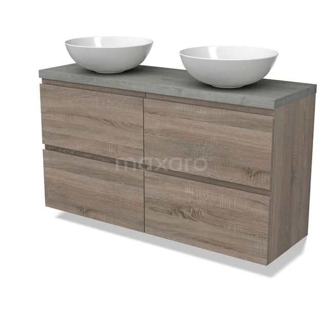 Modulo Plato Slim Badmöbel mit Aufsatzwaschbecken | 120 cm Eiche Grifflos front Graue Eiche blatt 4 Schubladen BMK38-00502