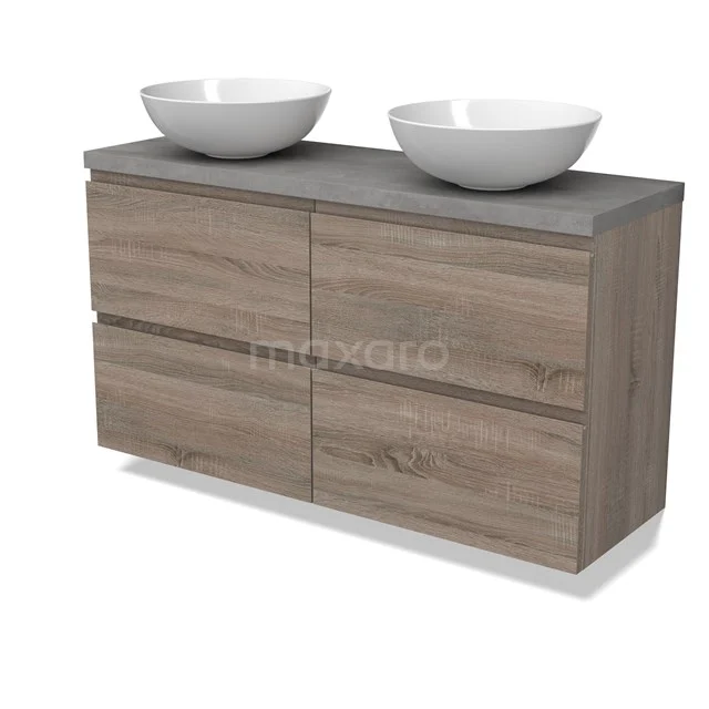 Modulo Plato Slim Badmöbel mit Aufsatzwaschbecken | 120 cm Eiche Grifflos front Hellgrauer Beton blatt 4 Schubladen BMK38-00503