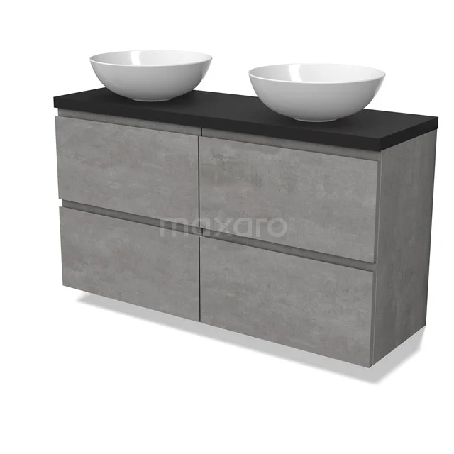 Modulo Plato Slim Badmöbel mit Aufsatzwaschbecken | 120 cm Hellgrauer Beton Grifflos front Matt Schwarz blatt 4 Schubladen BMK38-00505