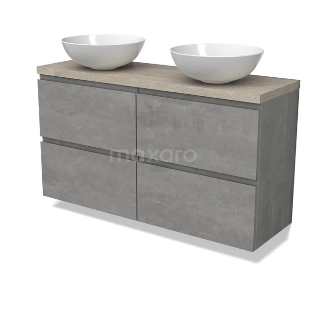 Modulo Plato Slim Badmöbel mit Aufsatzwaschbecken | 120 cm Hellgrauer Beton Grifflos front Hellgraue Eiche blatt 4 Schubladen BMK38-00512