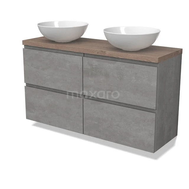 Modulo Plato Slim Vanity units for countertop basin | 120 cm Light grey concrete Handle-less front Mid brown oak worktop 4 drawers BMK38-00514