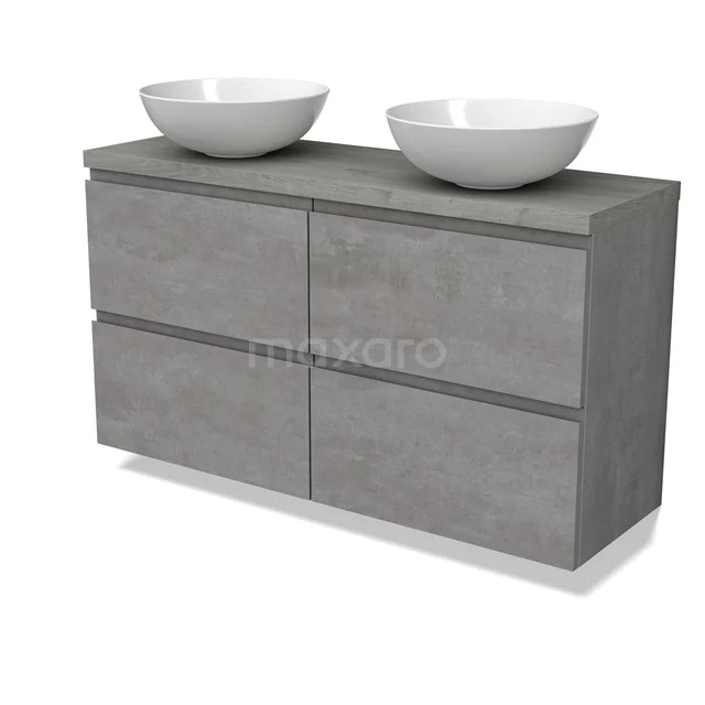 Modulo Plato Slim Badmöbel mit Aufsatzwaschbecken | 120 cm Hellgrauer Beton Grifflos front Graue Eiche blatt 4 Schubladen BMK38-00516