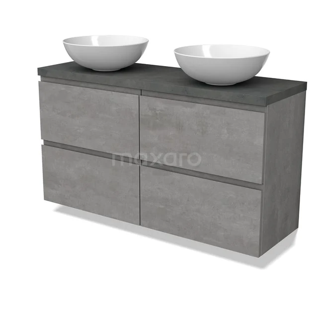 Modulo Plato Slim Badmöbel mit Aufsatzwaschbecken | 120 cm Hellgrauer Beton Grifflos front Dunkelgrauer Beton blatt 4 Schubladen BMK38-00518
