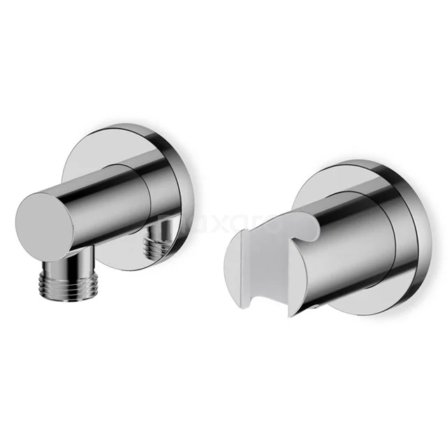 Round chrome wall bracket and tap connection, ideal for modern bathroom accessories and shower installations.