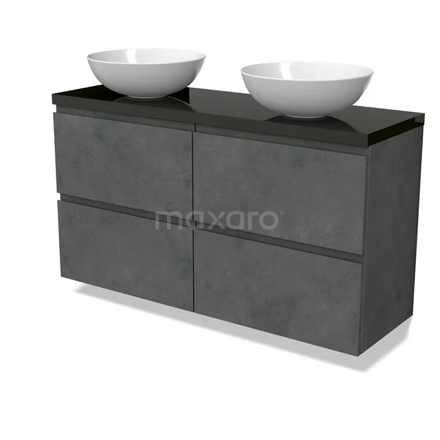 Modulo Plato Slim Vanity units for countertop basin | 120 cm Dark grey concrete Handle-less front High-gloss black worktop 4 drawers BMK38-00524