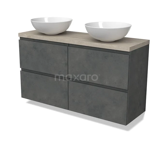 Modulo Plato Slim Badmöbel mit Aufsatzwaschbecken | 120 cm Dunkelgrauer Beton Grifflos front Hellgraue Eiche blatt 4 Schubladen BMK38-00526