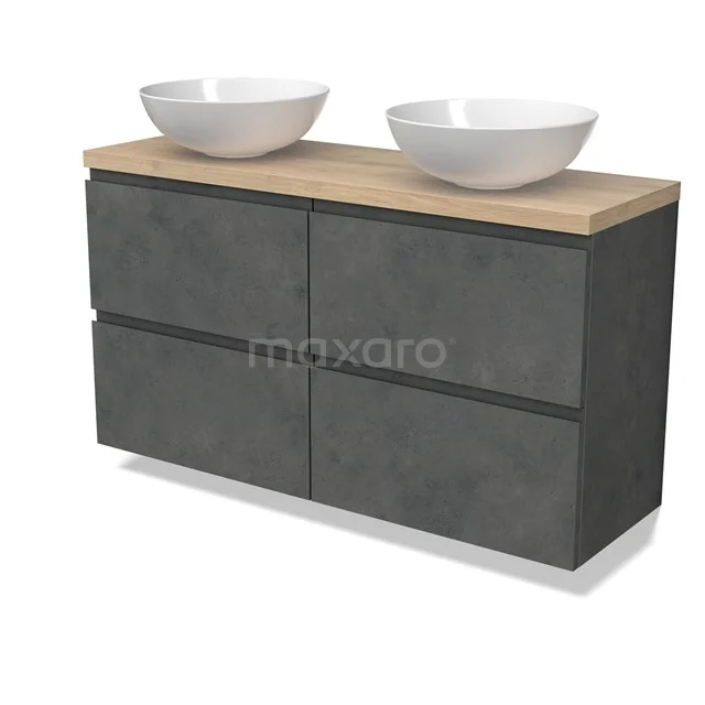 Modulo Plato Slim Badmöbel mit Aufsatzwaschbecken | 120 cm Dunkelgrauer Beton Grifflos front Hellbraune Eiche blatt 4 Schubladen BMK38-00527