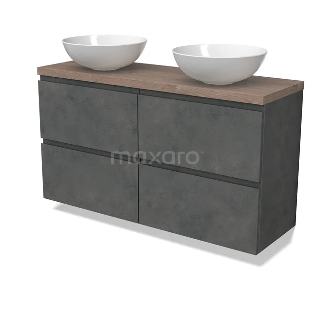 Modulo Plato Slim Vanity units for countertop basin | 120 cm Dark grey concrete Handle-less front Mid brown oak worktop 4 drawers BMK38-00528