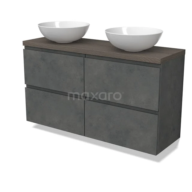 Modulo Plato Slim Vanity units for countertop basin | 120 cm Dark grey concrete Handle-less front Dark brown oak worktop 4 drawers BMK38-00529