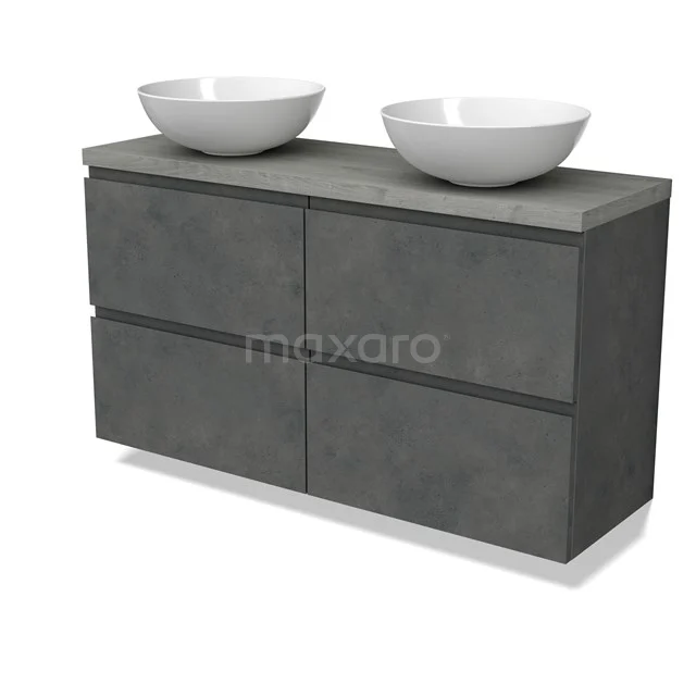 Modulo Plato Slim Vanity units for countertop basin | 120 cm Dark grey concrete Handle-less front Grey oak worktop 4 drawers BMK38-00530