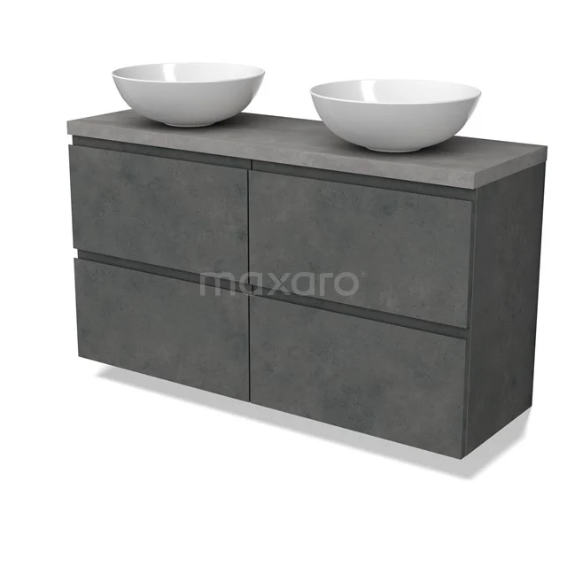 Modulo Plato Slim Badmöbel mit Aufsatzwaschbecken | 120 cm Dunkelgrauer Beton Grifflos front Hellgrauer Beton blatt 4 Schubladen BMK38-00531