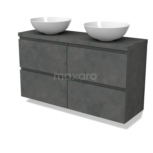 Modulo Plato Slim Badmöbel mit Aufsatzwaschbecken | 120 cm Dunkelgrauer Beton Grifflos front Dunkelgrauer Beton blatt 4 Schubladen BMK38-00532