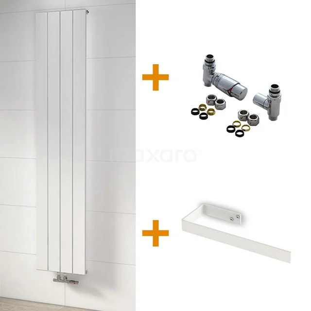 Radiator set Jupiter with tap and towel rail Matte white 1052 watts 180x37.5cm Vertical DRS004C White vertical design radiator including connection set and fixing material, ideal for modern bathrooms.