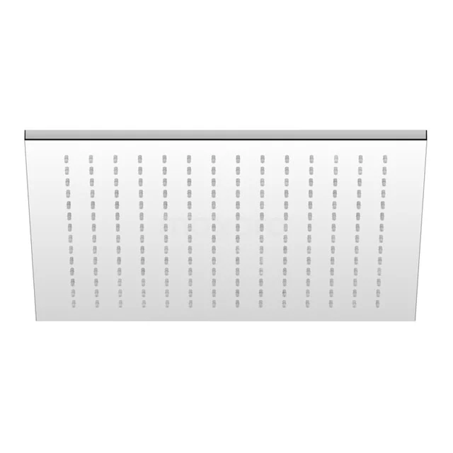 Rectangular, white rain shower head with stainless steel casing and fine spray holes, suitable for luxurious bathroom relaxation.