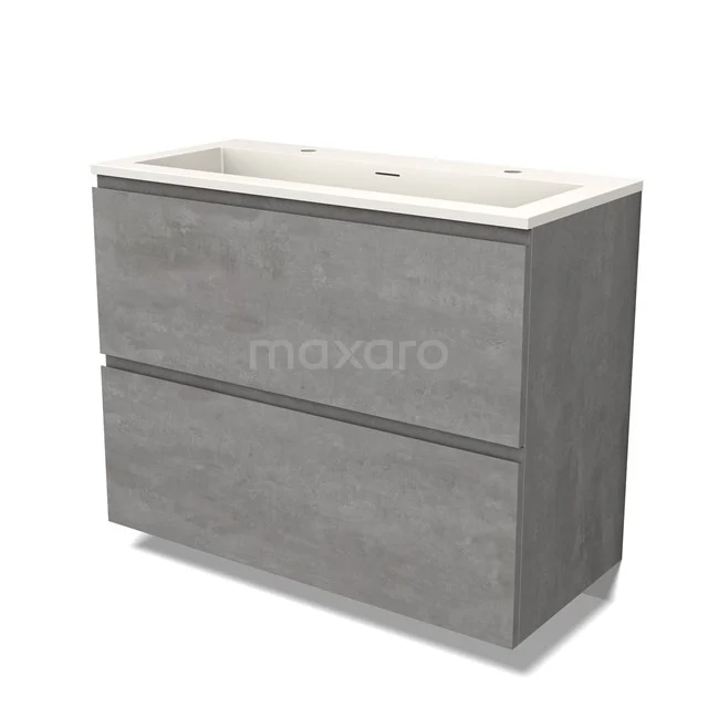 Modulo Waschtische | 100 cm Hellgrauer Beton Grifflos front Solid Surface 2 hohe Schubladen übereinanderliegend BMW13-01386