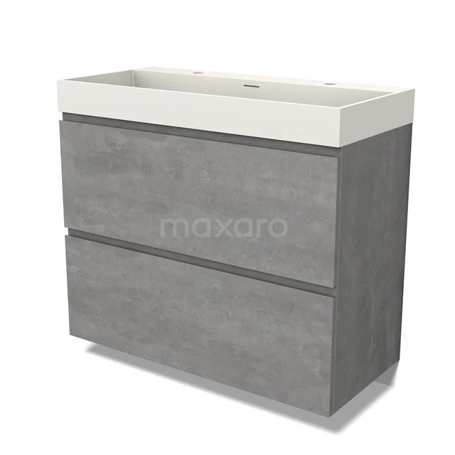 Modulo Waschtische | 100 cm Hellgrauer Beton Grifflos front Solid Surface 2 hohe Schubladen übereinanderliegend BMW13-01388