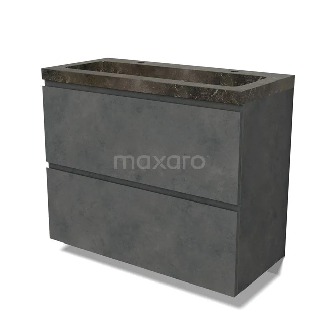 Modulo Waschtische | 100 cm Dunkelgrauer Beton Grifflos front Naturstein 2 hohe Schubladen übereinanderliegend BMW13-01423