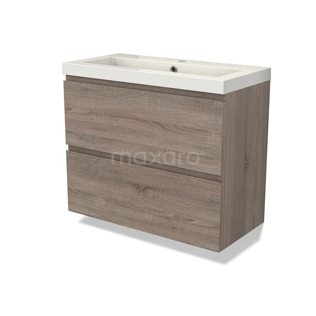 Modulo Slim Vanity units with basin | 80 cm Oak Handle-less front Mineral marble 2 Stacked drawers BMW37-00780
