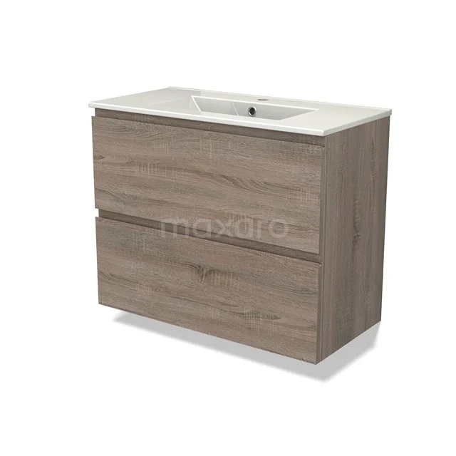 Modulo Slim Waschtische | 80 cm Eiche Grifflos front Keramik 2 übereinanderliegende Schubladen BMW37-00783