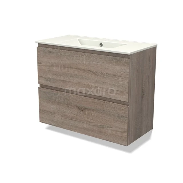 Modulo Slim Vanity units with basin | 80 cm Oak Handle-less front Ceramic 2 Stacked drawers BMW37-00784