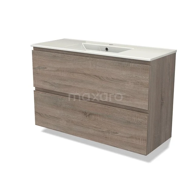 Modulo Slim Waschtische | 100 cm Eiche Grifflos front Keramik 2 übereinanderliegende Schubladen BMW37-00789