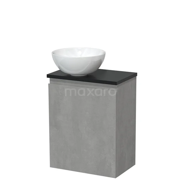 Toilet unit with countertop wash basin | 41 cm Light grey concrete Handleless front High-gloss white Ceramic wash basin Matte black worktop TMK10-13723